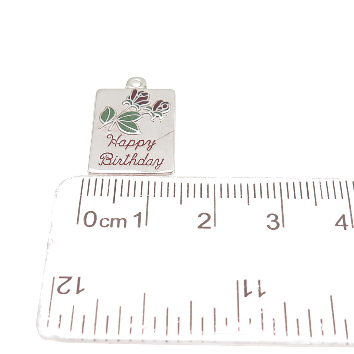 BEAU 925 Sterling Silver Vintage Enamel Happy Birthday Rose Mini Charm Pendant