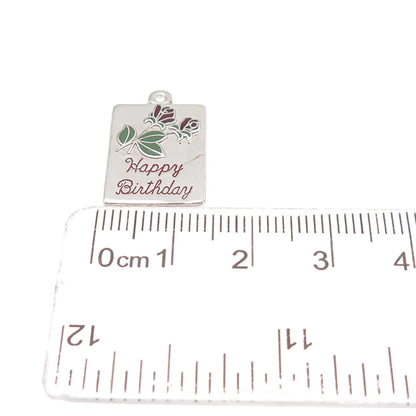 BEAU 925 Sterling Silver Vintage Enamel Happy Birthday Rose Mini Charm Pendant