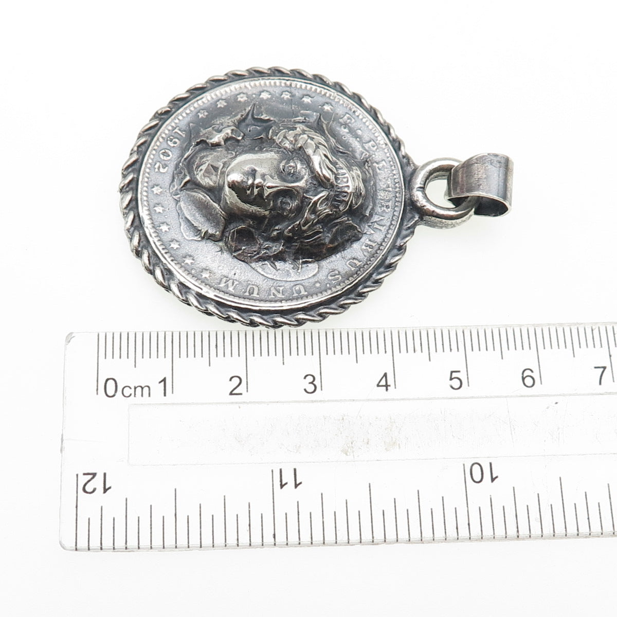 900 Silver Antique 1902 One Morgan Dollar Repousse Oxidized Charm Pendant