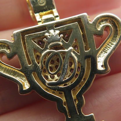 925 Sterling Silver Gold Plated Round-Cut C Z World / Champion Trophy Pendant