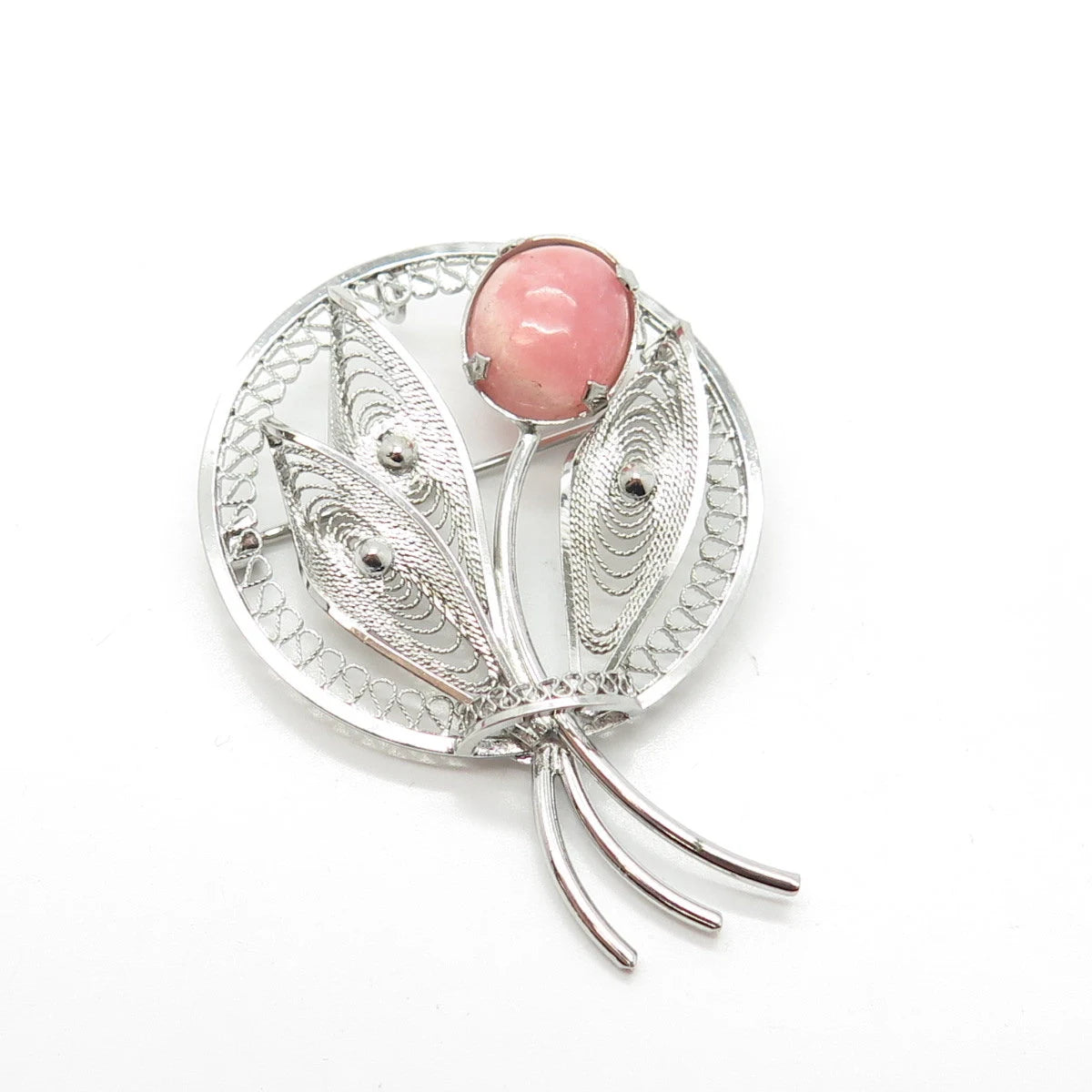 925 Sterling Silver Vintage Real Rhodochrosite Gem Leaf Filigree Pin Brooch