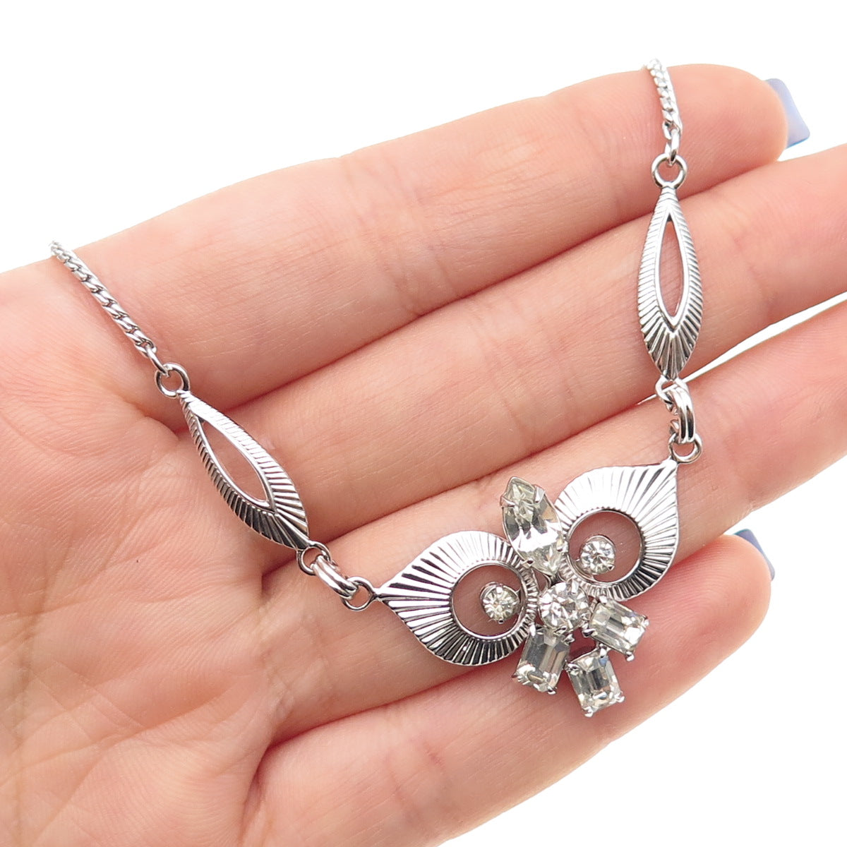 LORAN SIM 925 Sterling Silver Antique Art Deco Rhinestone Chain Necklace 16"