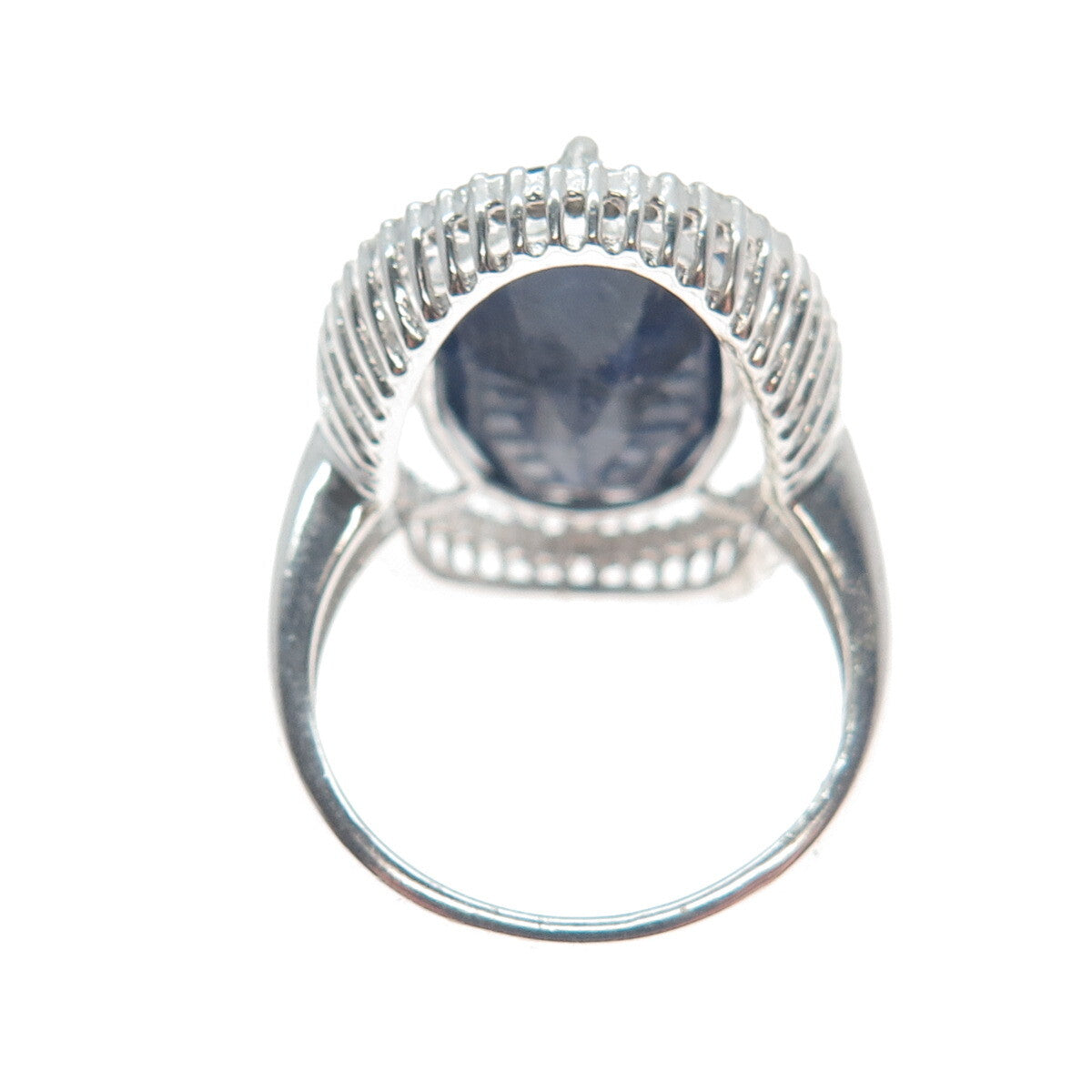 925 Sterling Silver Real Round-Cut Diamond & Oval-Cut Sapphire Ring Size 6.75