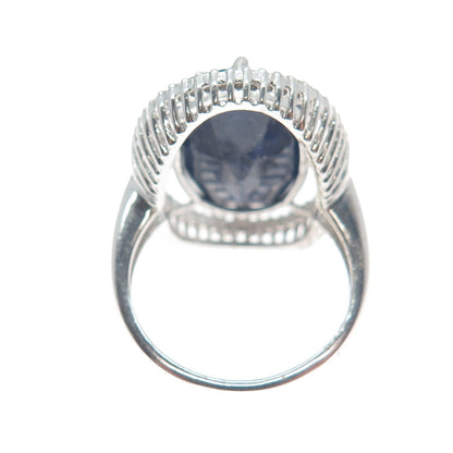 925 Sterling Silver Real Round-Cut Diamond & Oval-Cut Sapphire Ring Size 6.75