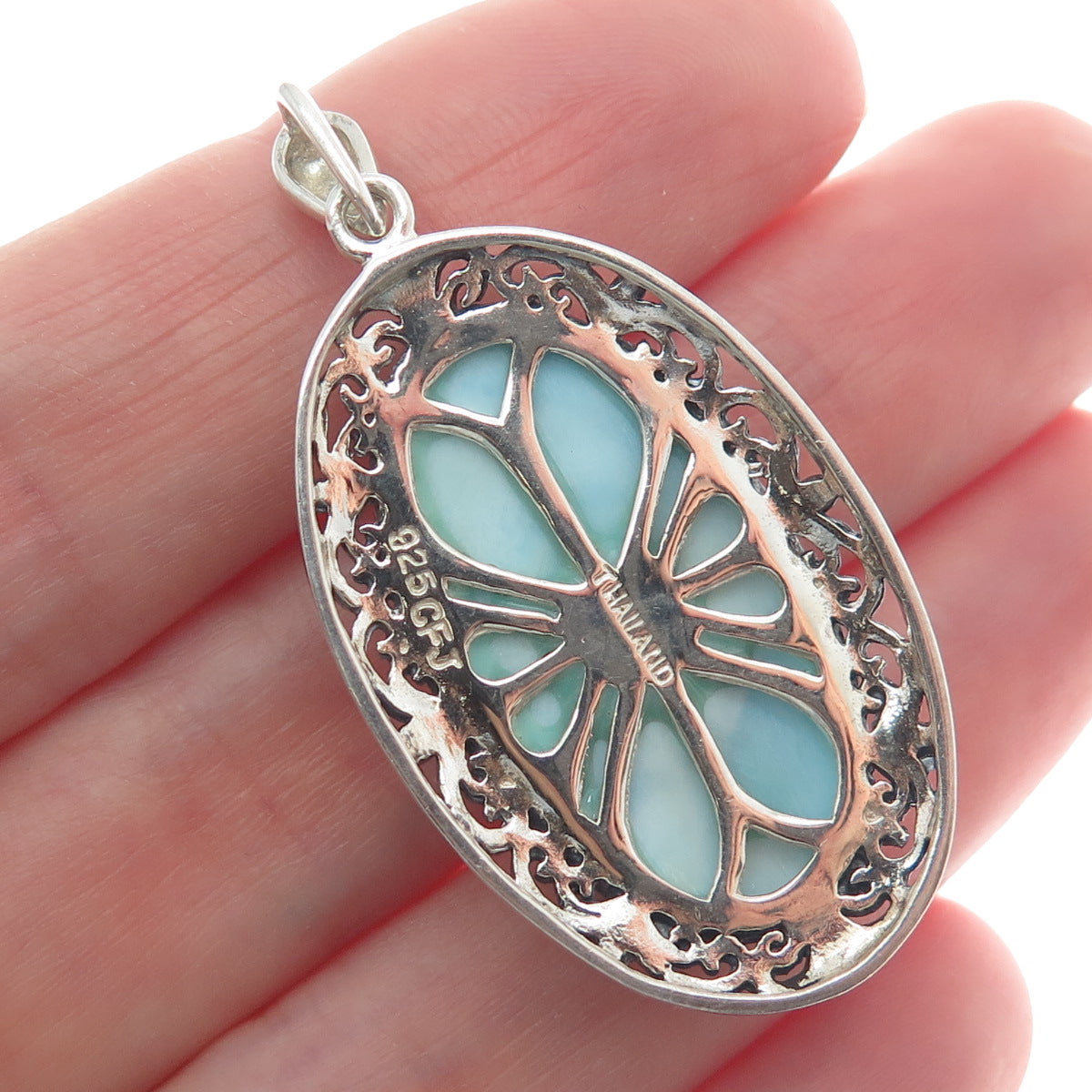 CFJ COLLINS FINE 925 Sterling Silver Real Larimar Gemstone Ornate Oval Pendant