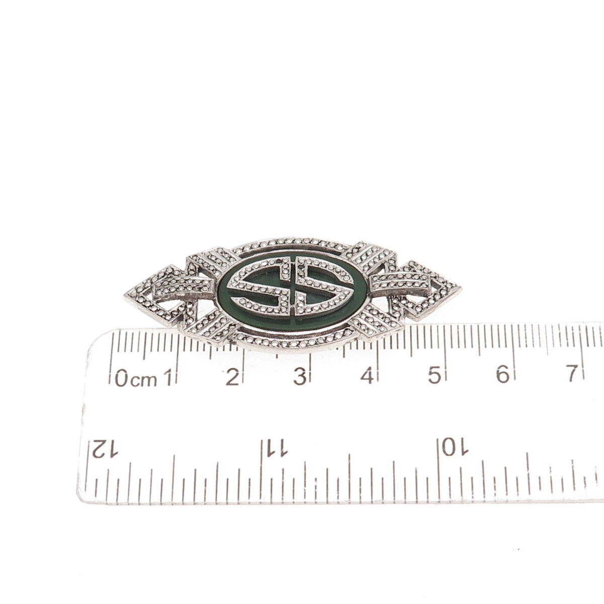 Kimler & Daniel 925 Sterling Antique Onyx Marcasite Brooch (missing 2 stones)
