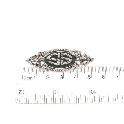 Kimler & Daniel 925 Sterling Antique Onyx Marcasite Brooch (missing 2 stones)