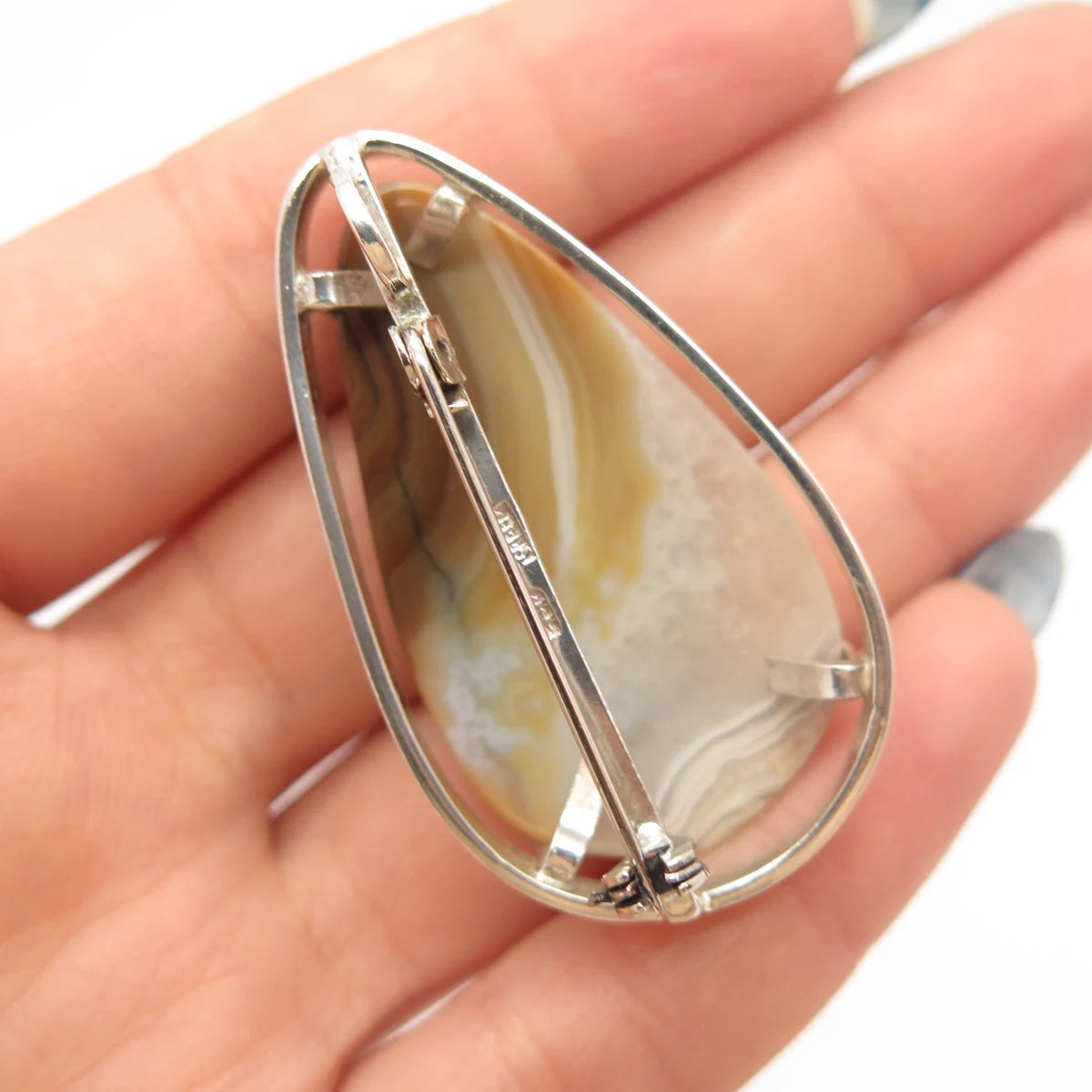 925 Sterling Silver Vintage Israel Real Agate Gemstone Pin Brooch