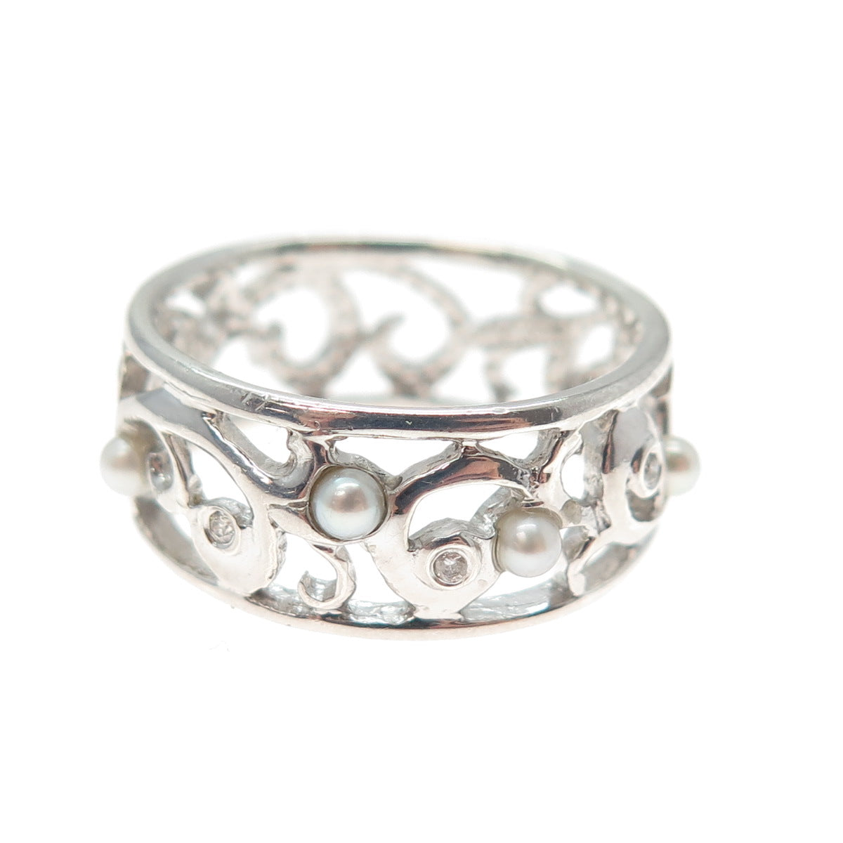 LENOX 925 Sterling Silver Real Diamond & Pearl Floral Scroll Band Ring Size 9.25