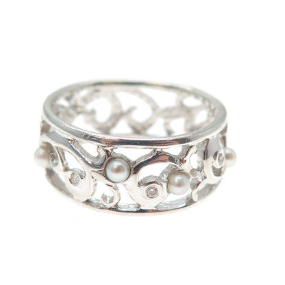 LENOX 925 Sterling Silver Real Diamond & Pearl Floral Scroll Band Ring Size 9.25