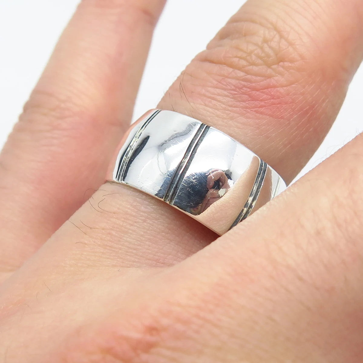925 Sterling Silver Vintage Mexico Striped Band Ring Size 8.5