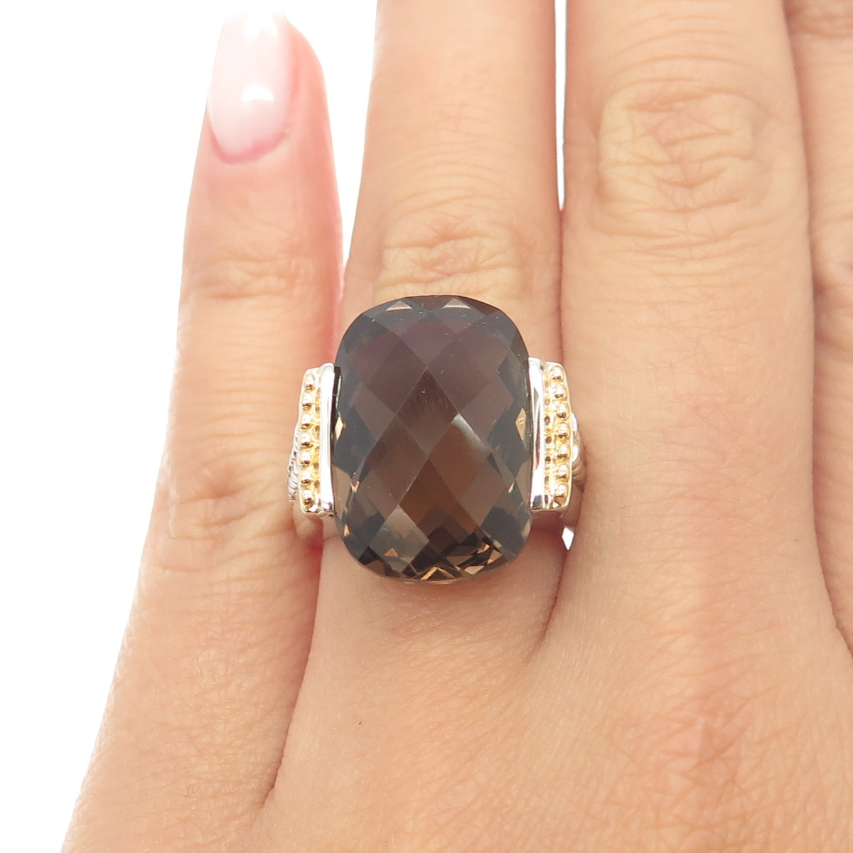 MICHELLE ALBALA 925 Sterling Silver 2-Tone Smoky Quartz Statement Ring Size 6.25