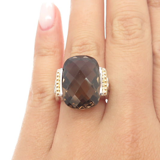 MICHELLE ALBALA 925 Sterling Silver 2-Tone Smoky Quartz Statement Ring Size 6.25