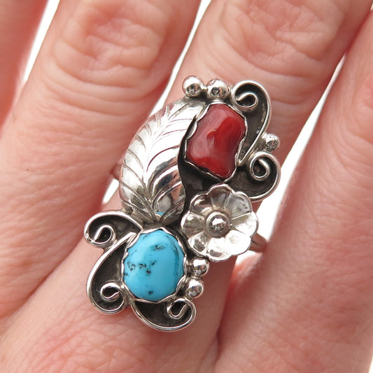 Sylvia Chee Navajo Old Pawn 925 Sterling Vintage Turquoise Coral Ring Size 7.75