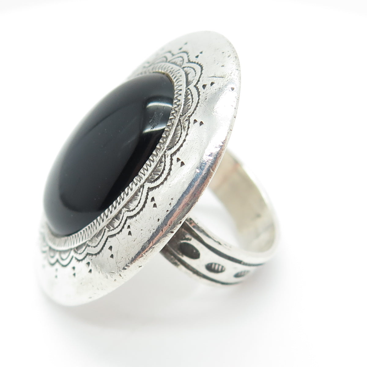 LUCE Old Pawn Sterling Silver Vintage Real Black Onyx Statement Ring Size 8.25