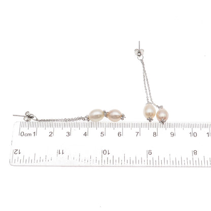 925 Sterling Silver Vintage Real Pearl Chain Drop Dangle Earrings
