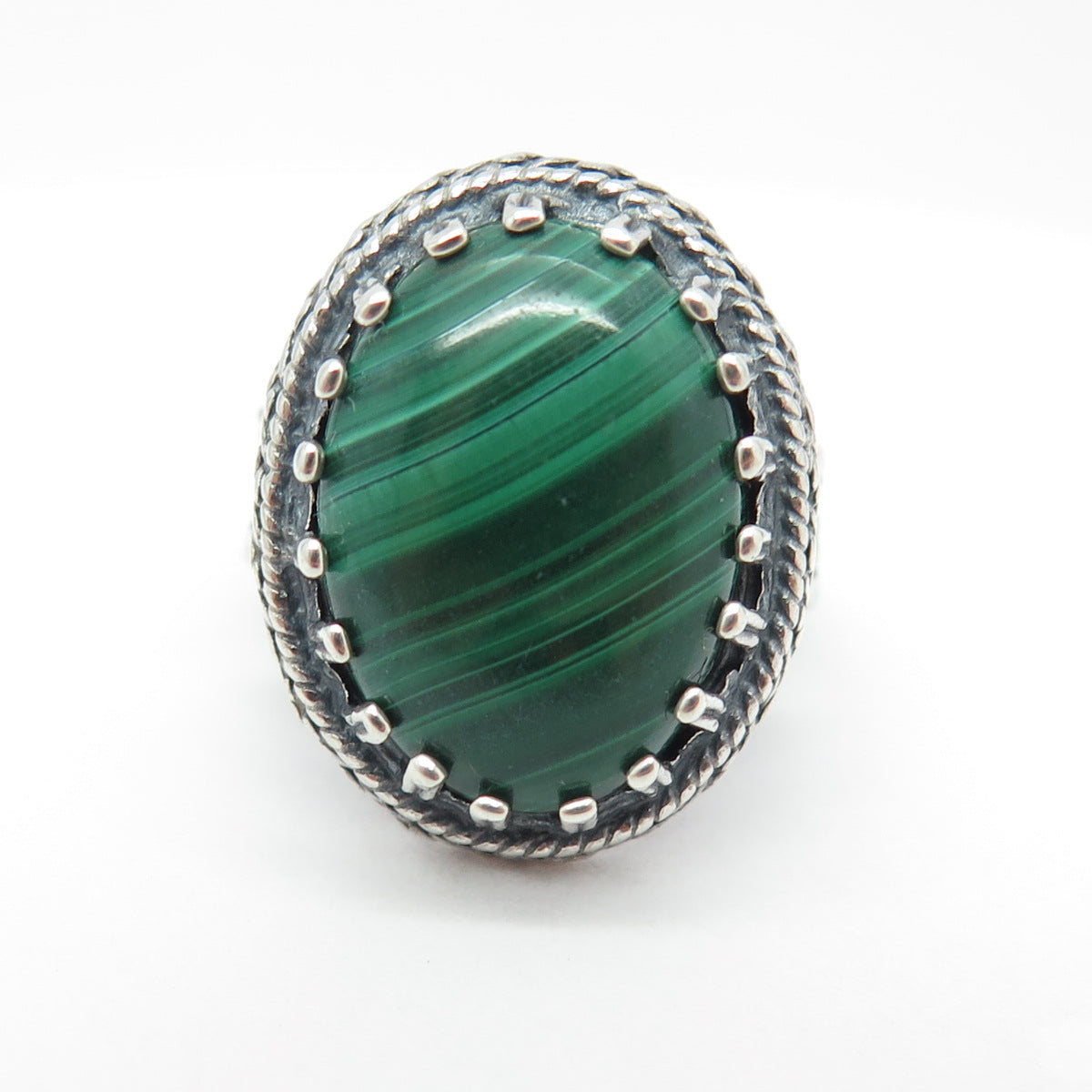 925 Sterling Silver Vintage Israel Real Malachite Gemstone Ethnic Ring Size 6.5