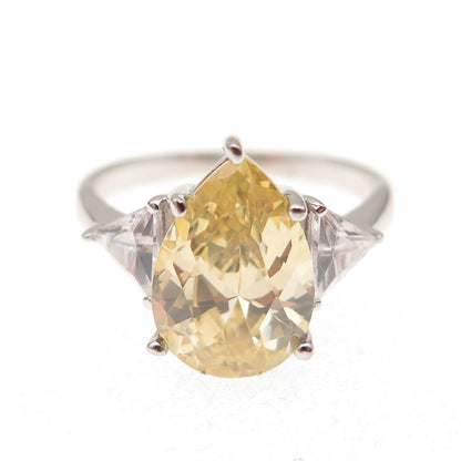 925 Sterling Silver Canary & White C Z Teardrop Ring Size 9.25
