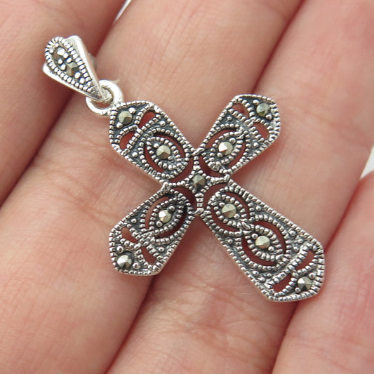 925 Sterling Silver Vintage Real Marcasite Gemstone Cross Pendant