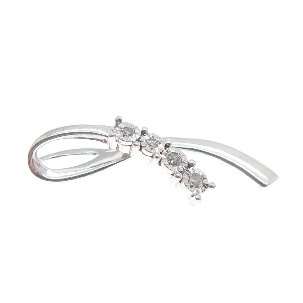 925 Sterling Silver Real Round-Cut Diamond Ribbon Minimalist Pendant