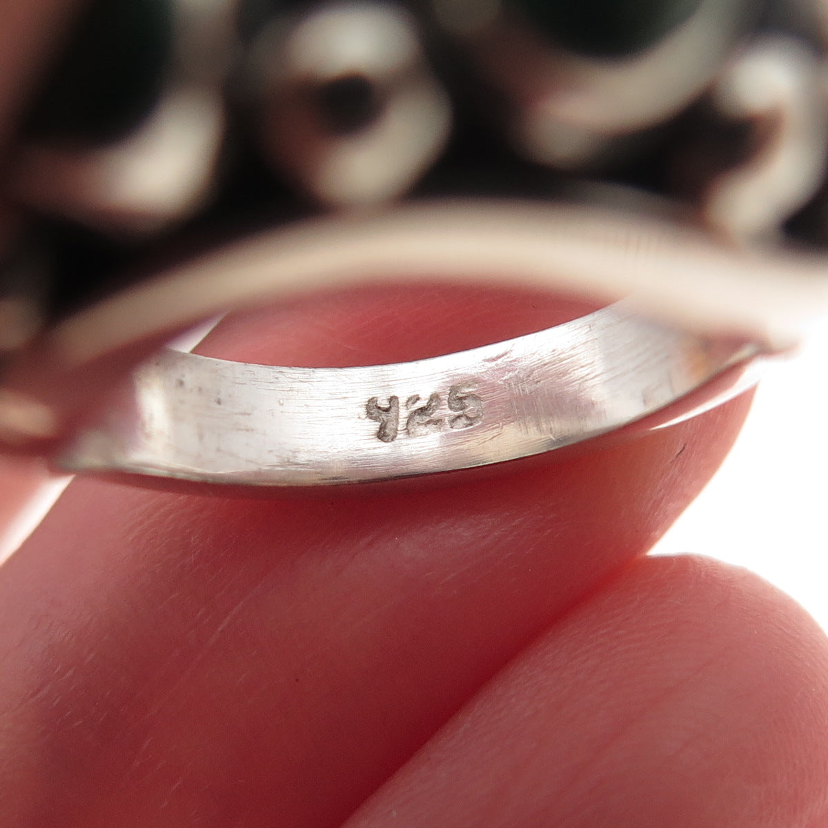 925 Sterling Silver Vintage Real Malachite Beaded Oxidized Ring Size 5.75