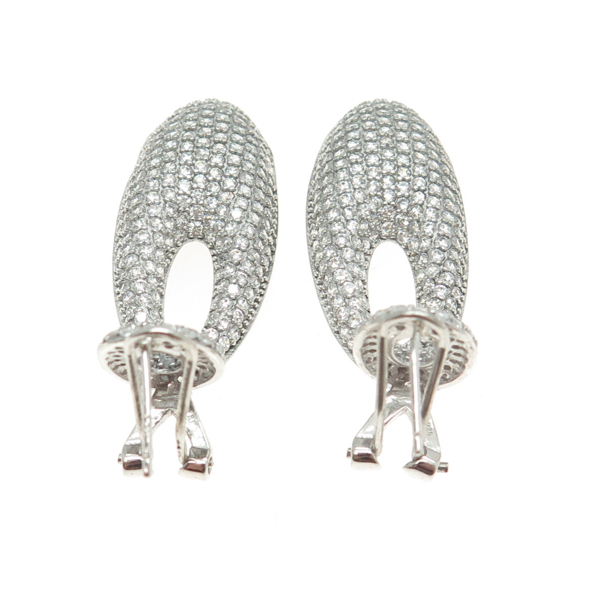 925 Sterling Silver Round-Cut C Z Oval Dangling Omega Back Earrings