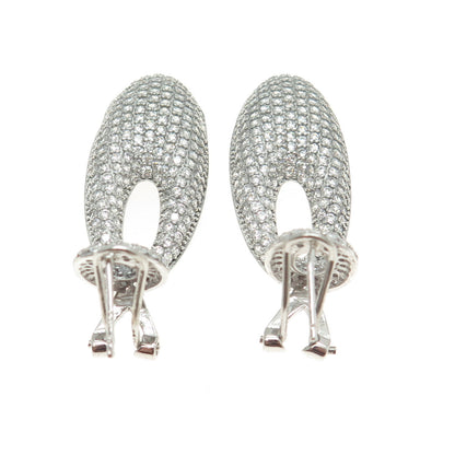 925 Sterling Silver Round-Cut C Z Oval Dangling Omega Back Earrings