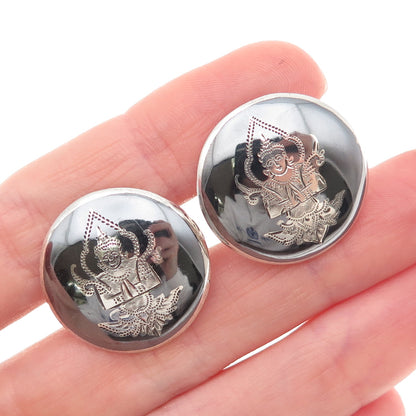 925 Sterling Silver Vintage Niello Hindu Goddess Cufflinks