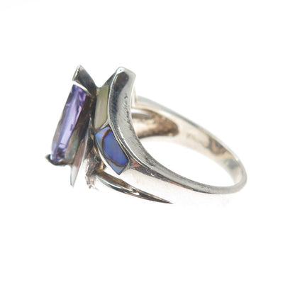 WHITNEY KELLY Sterling Vintage Real Amethyst Abalone Shell & MOP Ring Size 6.25