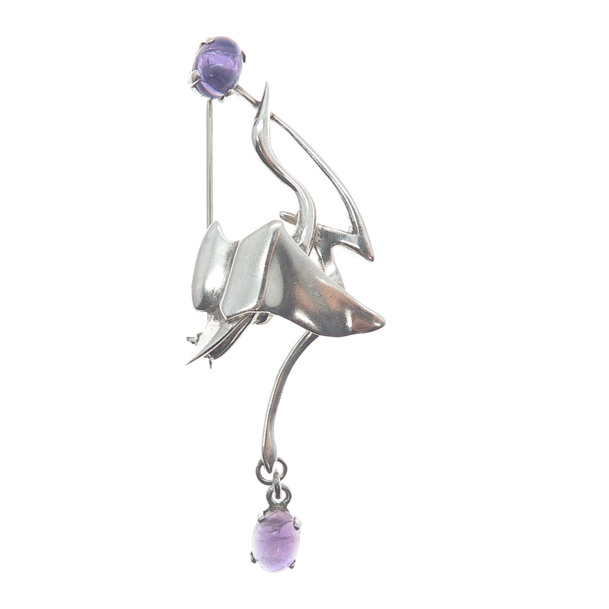 925 Sterling Silver Vintage Real Amethyst Modernist Stork Bird Pin Brooch