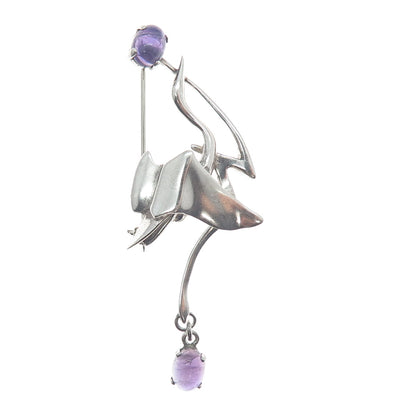 925 Sterling Silver Vintage Real Amethyst Modernist Stork Bird Pin Brooch