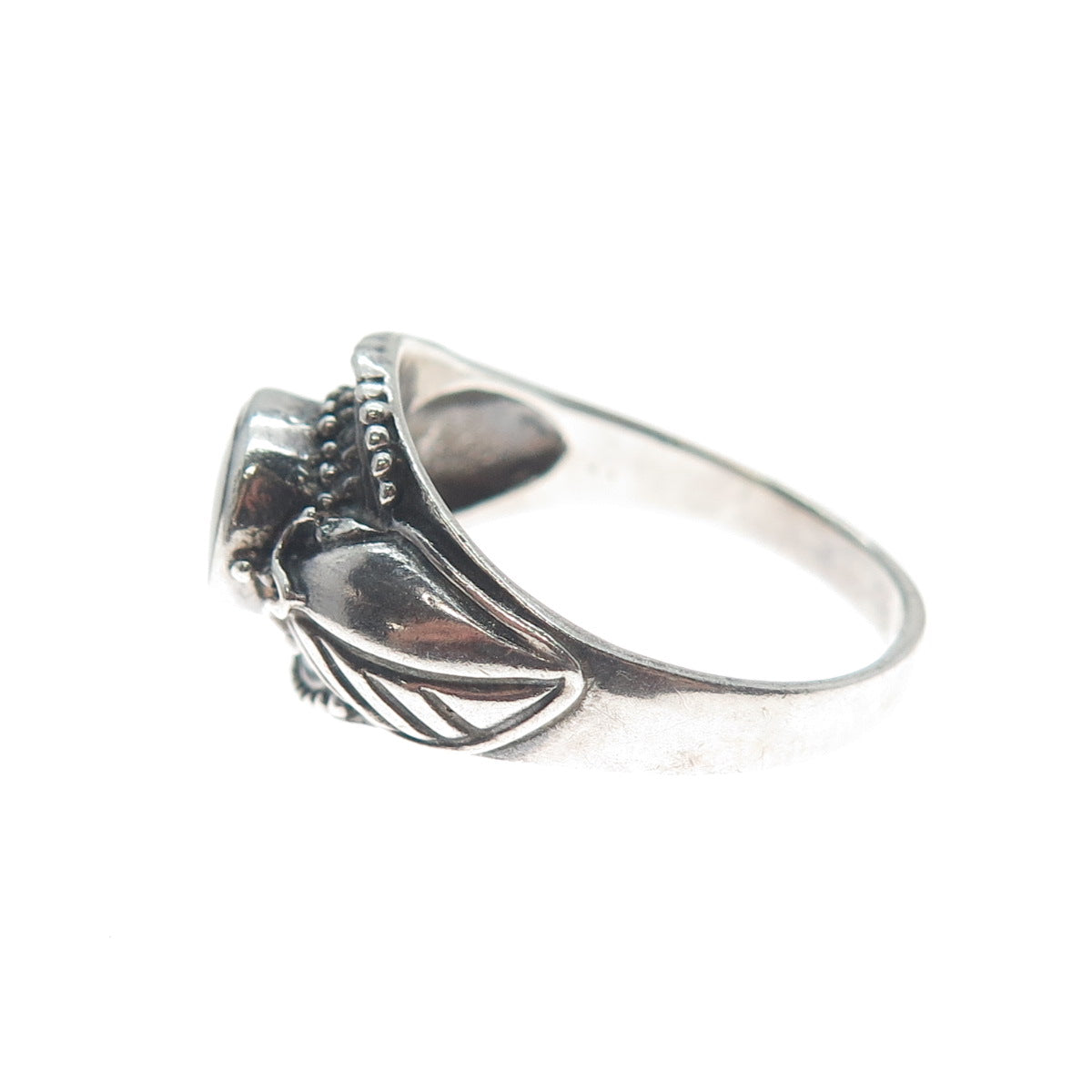 925 Sterling Silver Vintage Real Black Onyx Gemstone Leaf Ring Size 8.25