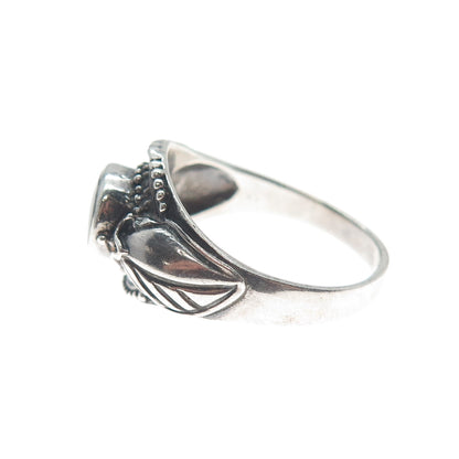 925 Sterling Silver Vintage Real Black Onyx Gemstone Leaf Ring Size 8.25
