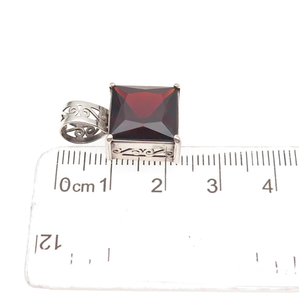 925 Sterling Silver Vintage Real Princess-Cut Red Garnet Mini Charm Pendant