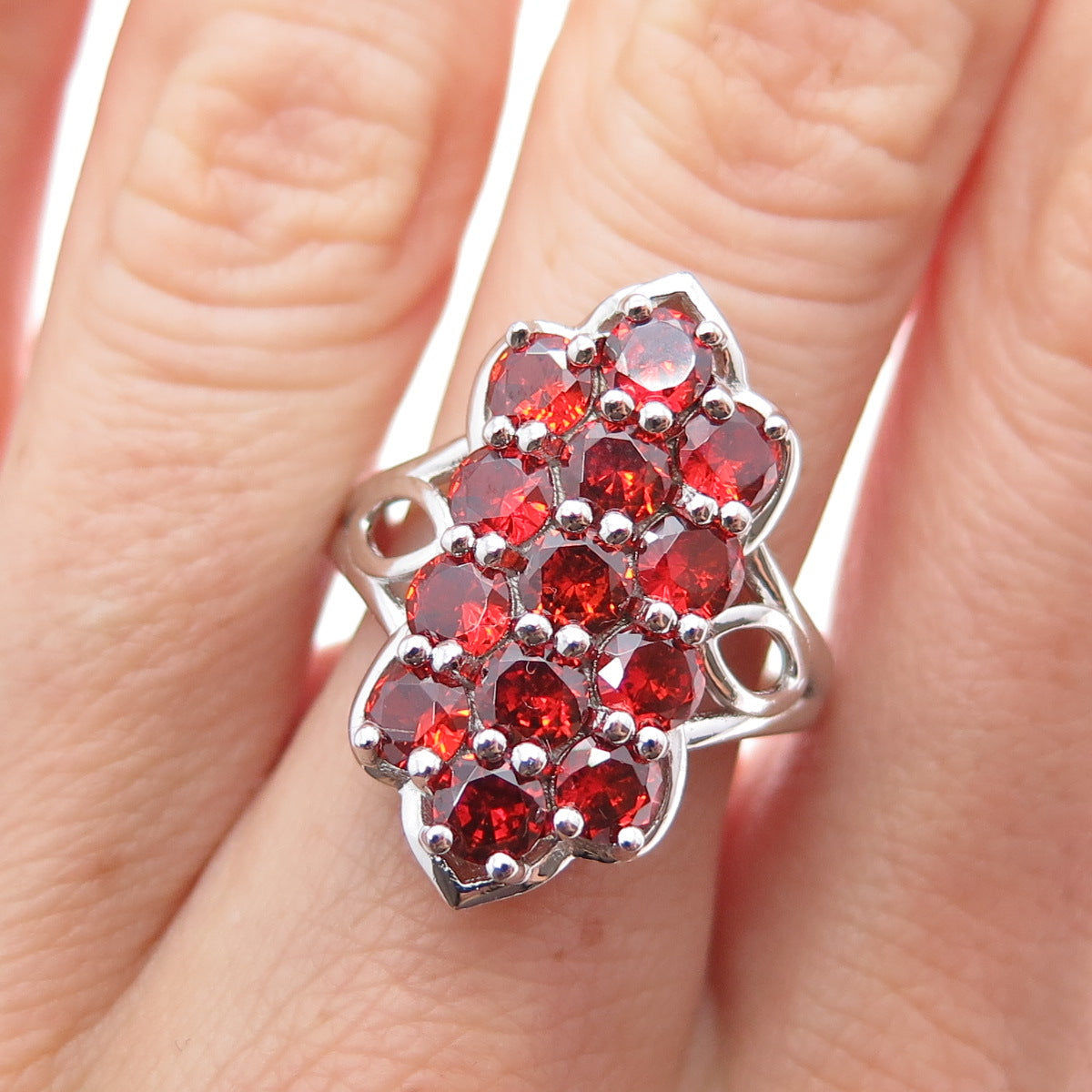 925 Sterling Silver Real Spessartine Garnet Cluster Ring Size 7