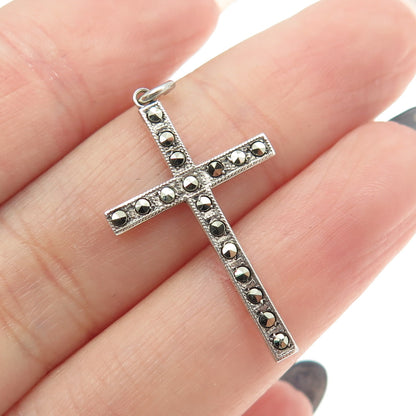 THEDA Sterling Silver Antique Art Deco Real Marcasite Cross Religious Pendant