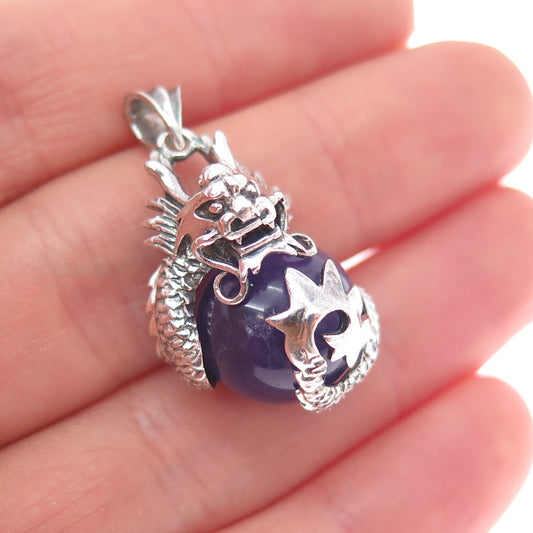 925 Sterling Silver Vintage Real Amethist Chinese Dragon Charm Pendant