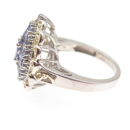 Chuck Clemency 925 Sterling Silver 2-Tone Real Tanzanite Floral Ring Size 8.25