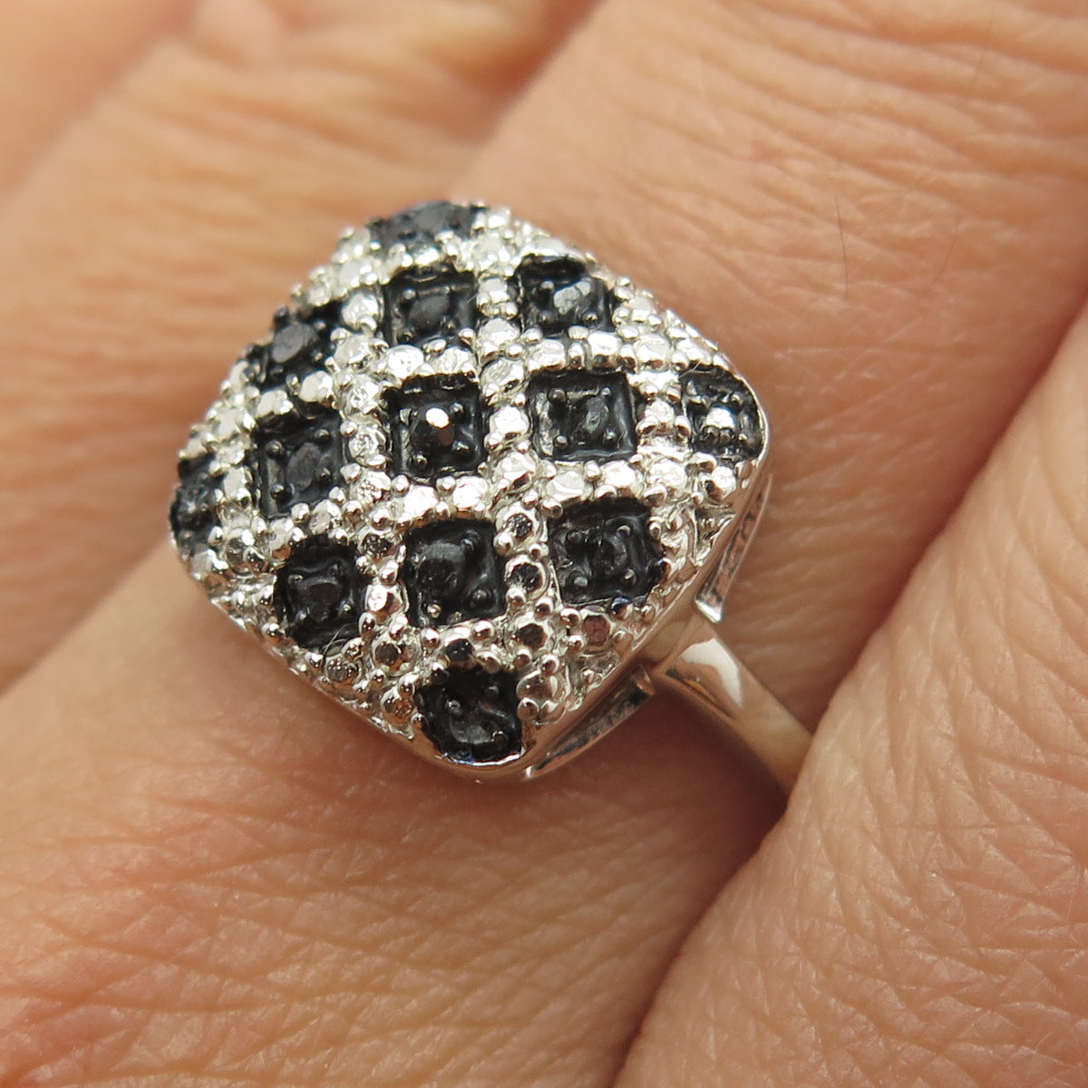 925 Sterling Silver Real Round-Cut Black Diamond Lattice Pattern Ring Size 9