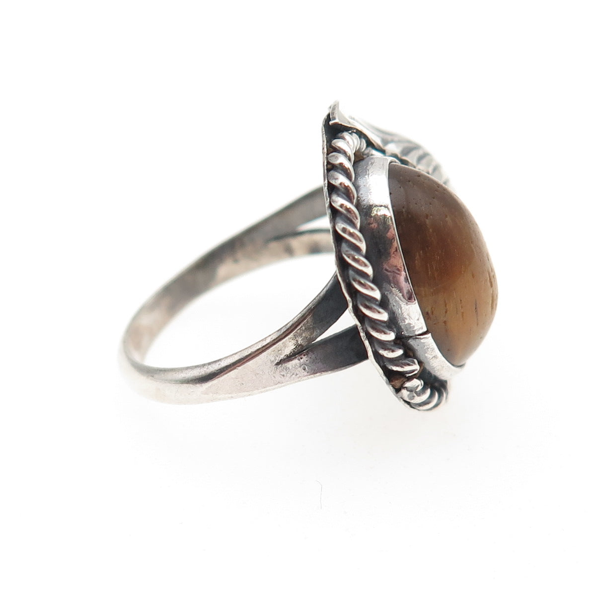 Old Pawn 925 Sterling Silver Vintage Tiger Eye Feather Tribal Ring Size 7.75
