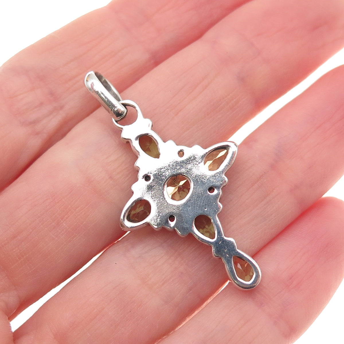 925 Sterling Silver Vintage Real Peridot Cross Cluster Charm Pendant