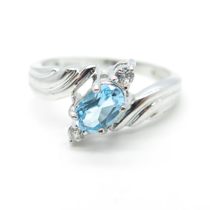 925 Sterling Silver Real Blue Topaz & C Z Engagement Ring Size 6