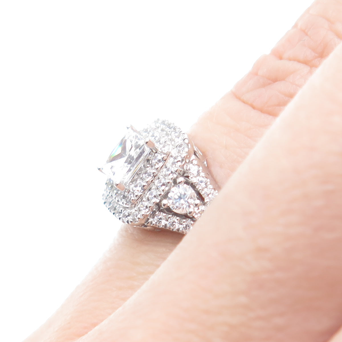 925 Sterling Silver Princess & Round-Cut C Z Engagement Ring Size 6.75