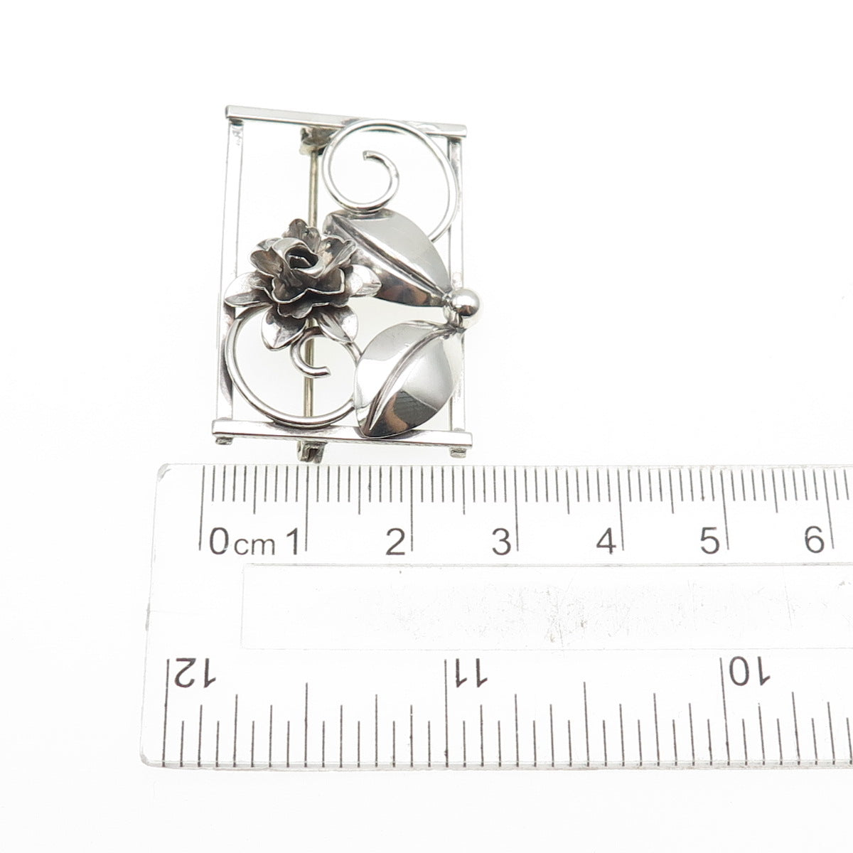 925 Sterling Silver Antique Art Deco Flower Oxidized Pin Brooch