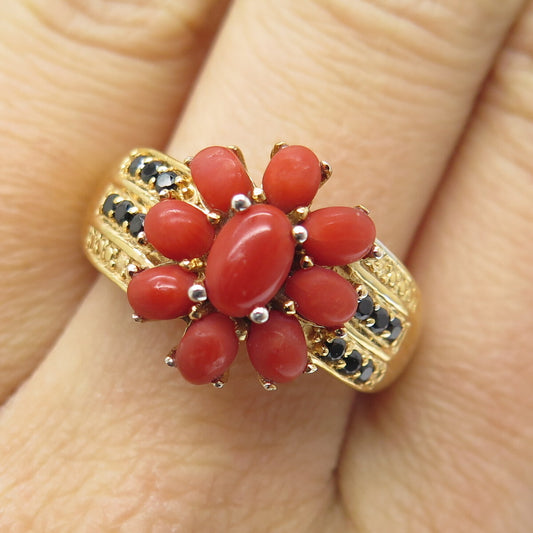CHUCK CLEMENCY 925 Sterling Gold Plated Coral & Black Spinel Gem Ring Size 9.25