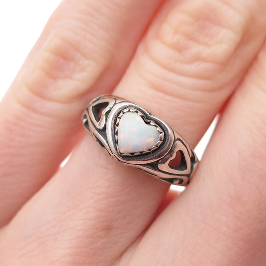 Wheeler Mfg 925 Sterling Silver Vintage Real Opal Heart Oxidized Ring Size 4.75