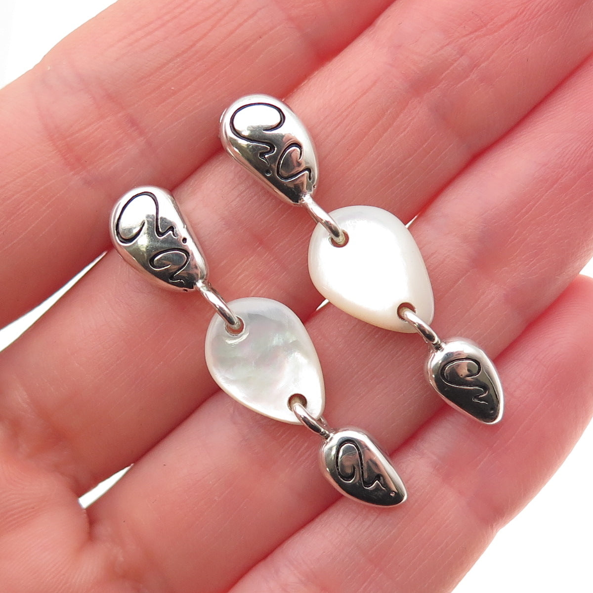 Guess 925 Sterling Silver Vintage Real MOP Dangle Earrings