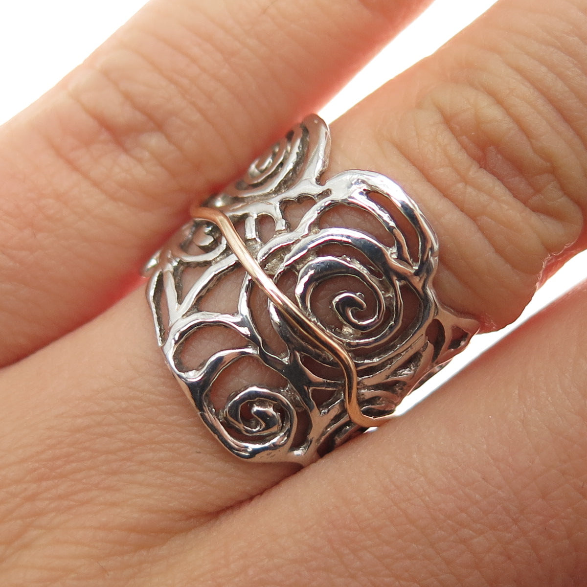 925 Sterling Silver 2-Tone Vintage Modernist Rose Flower Ring Size 7.25