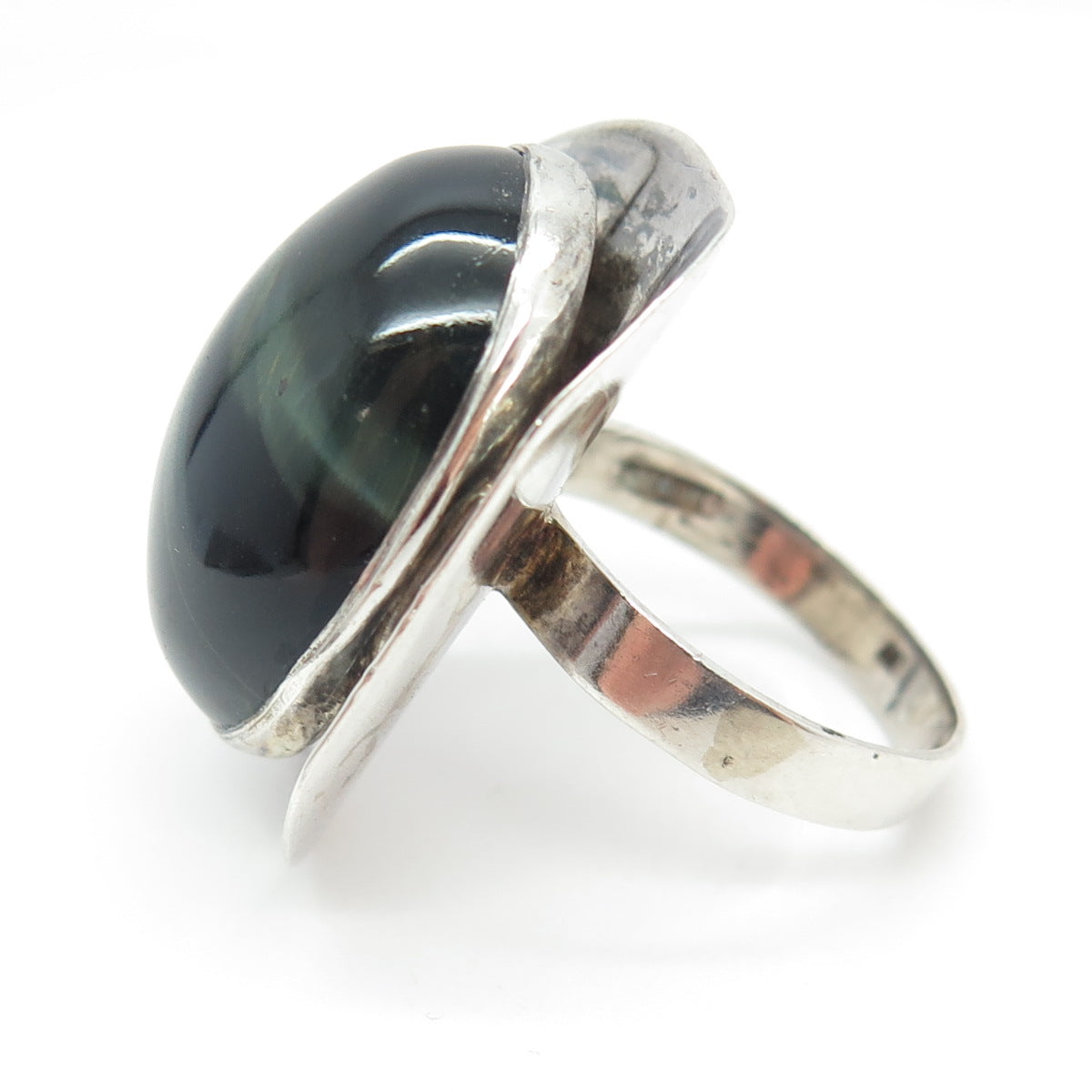 925 Sterling Silver Vintage Real Black Tiger Eye Gemstone Ring Size 8.75