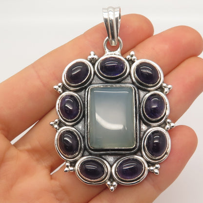 925 Sterling Silver Vintage Real Amethyst & Blue Chalcedony Gem Beaded Pendant